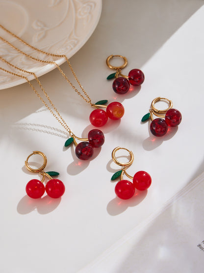 316L Stainless Steel 18K Gold PVD Resin Cherry Pendant Necklace and Earrings Set - Resin Cherry Pendant, Sweet, Playful, Modern, Charming, Fruit Jewelry, Enamel Jewelry Wholesale Stainless Steel Jewelry - Sensitive Skin Friendly - Detail 4