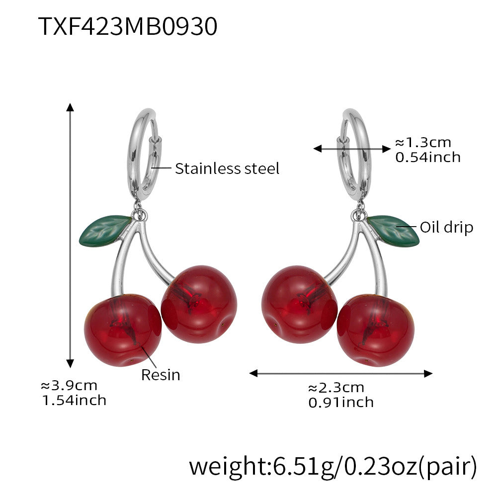 316L Stainless Steel 18K Gold PVD Resin Cherry Pendant Necklace and Earrings Set - Resin Cherry Pendant, Sweet, Playful, Modern, Charming, Fruit Jewelry, Enamel Jewelry Wholesale Stainless Steel Jewelry - Sensitive Skin Friendly - Detail 6