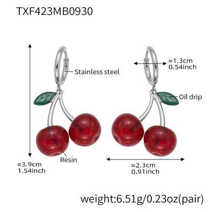 316L Stainless Steel 18K Gold PVD Resin Cherry Pendant Necklace and Earrings Set - Resin Cherry Pendant, Sweet, Playful, Modern, Charming, Fruit Jewelry, Enamel Jewelry Wholesale Stainless Steel Jewelry - Sensitive Skin Friendly - Detail 6