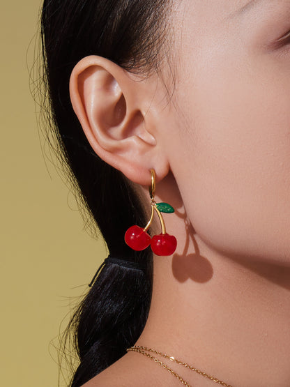 316L Stainless Steel 18K Gold PVD Resin Cherry Pendant Necklace and Earrings Set - Resin Cherry Pendant, Sweet, Playful, Modern, Charming, Fruit Jewelry, Enamel Jewelry Wholesale Stainless Steel Jewelry - Sensitive Skin Friendly - Detail 7