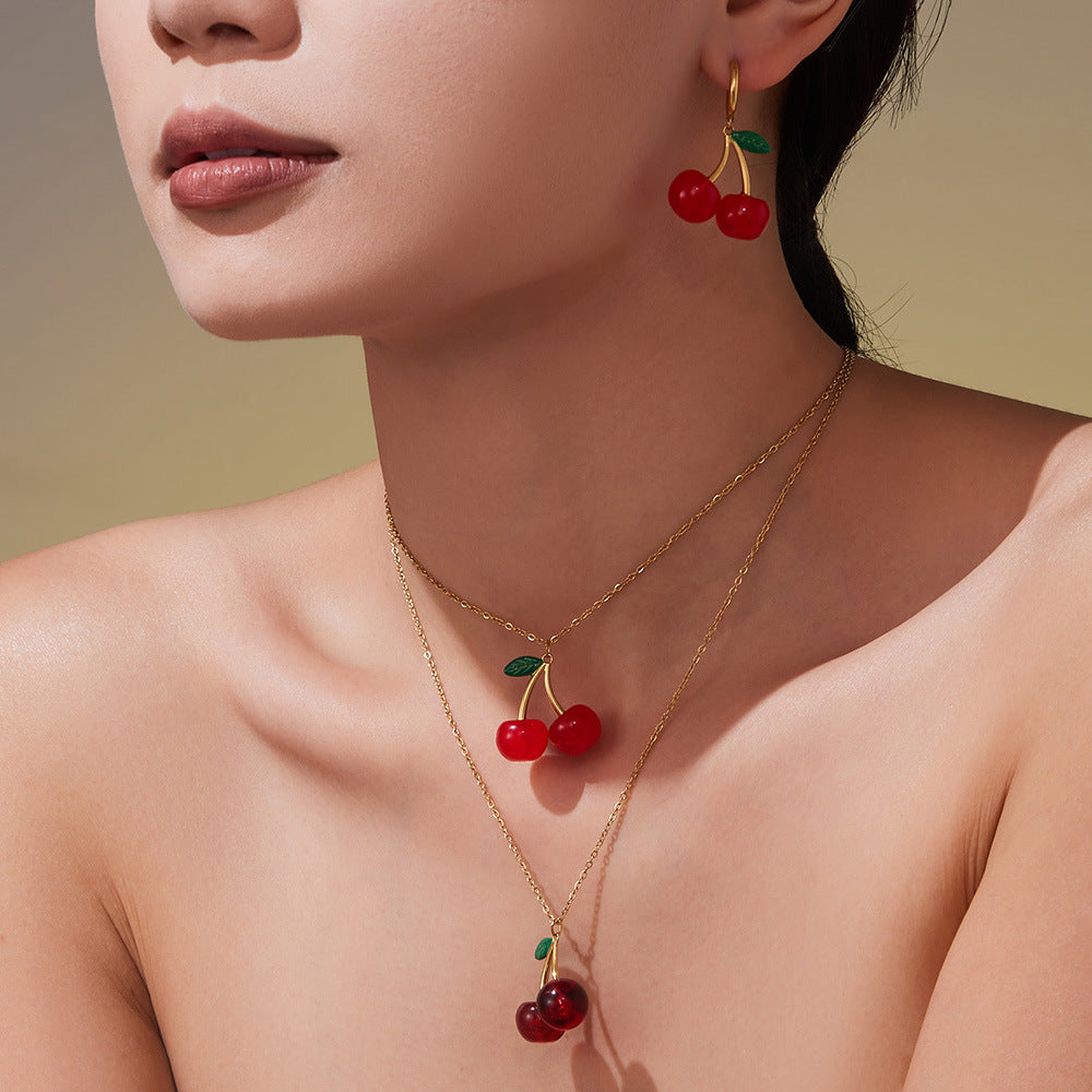 316L Stainless Steel 18K Gold PVD Resin Cherry Pendant Necklace and Earrings Set - Resin Cherry Pendant, Sweet, Playful, Modern, Charming, Fruit Jewelry, Enamel Jewelry Wholesale Stainless Steel Jewelry - Sensitive Skin Friendly - Detail 8