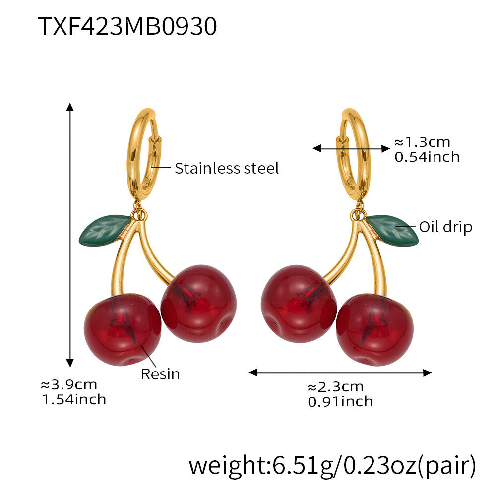 316L Stainless Steel 18K Gold PVD Resin Cherry Pendant Necklace and Earrings Set - Resin Cherry Pendant, Sweet, Playful, Modern, Charming, Fruit Jewelry, Enamel Jewelry Wholesale Stainless Steel Jewelry - Sensitive Skin Friendly - Detail 9