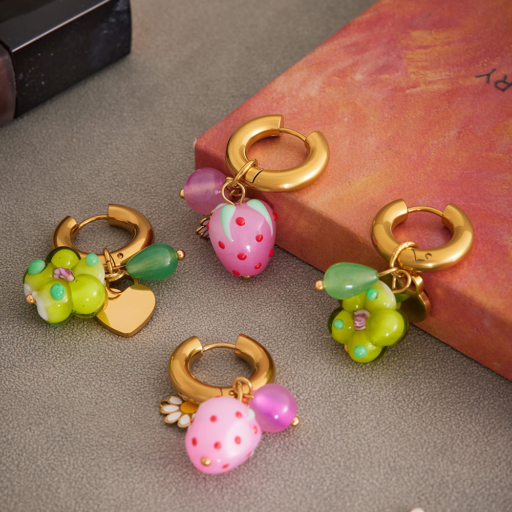 316L Stainless Steel 18K Gold PVD Resin Flower Agate Pendant Hoop Earrings - Sweet Floral Resin Agate Hoop Earrings Wholesale Stainless Steel Jewelry - Sensitive Skin Friendly - Detail 12