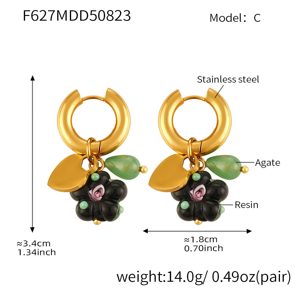 316L Stainless Steel 18K Gold PVD Resin Flower Agate Pendant Hoop Earrings - Sweet Floral Resin Agate Hoop Earrings Wholesale Stainless Steel Jewelry - Sensitive Skin Friendly - Detail 13
