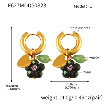 316L Stainless Steel 18K Gold PVD Resin Flower Agate Pendant Hoop Earrings - Sweet Floral Resin Agate Hoop Earrings Wholesale Stainless Steel Jewelry - Sensitive Skin Friendly - Detail 13