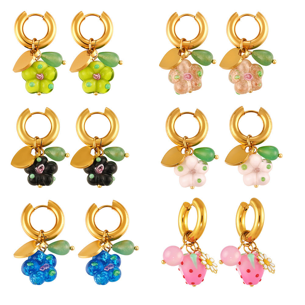 316L Stainless Steel 18K Gold PVD Resin Flower Agate Pendant Hoop Earrings - Sweet Floral Resin Agate Hoop Earrings Wholesale Stainless Steel Jewelry - Sensitive Skin Friendly - Detail 14