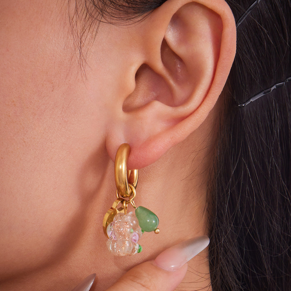 316L Stainless Steel 18K Gold PVD Resin Flower Agate Pendant Hoop Earrings - Sweet Floral Resin Agate Hoop Earrings Wholesale Stainless Steel Jewelry - Sensitive Skin Friendly - Detail 15