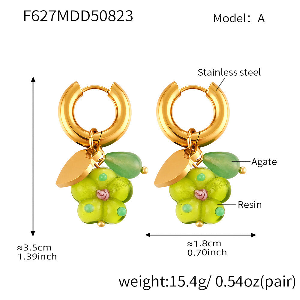 316L Stainless Steel 18K Gold PVD Resin Flower Agate Pendant Hoop Earrings - Sweet Floral Resin Agate Hoop Earrings Wholesale Stainless Steel Jewelry - Sensitive Skin Friendly - Detail 17