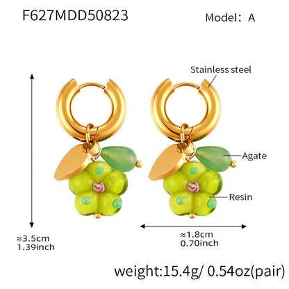 316L Stainless Steel 18K Gold PVD Resin Flower Agate Pendant Hoop Earrings - Sweet Floral Resin Agate Hoop Earrings Wholesale Stainless Steel Jewelry - Sensitive Skin Friendly - Detail 17