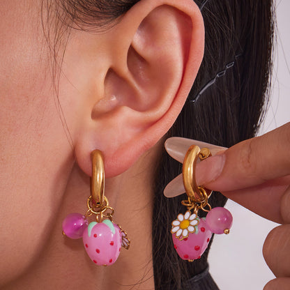 316L Stainless Steel 18K Gold PVD Resin Flower Agate Pendant Hoop Earrings - Sweet Floral Resin Agate Hoop Earrings Wholesale Stainless Steel Jewelry - Sensitive Skin Friendly - Detail 18