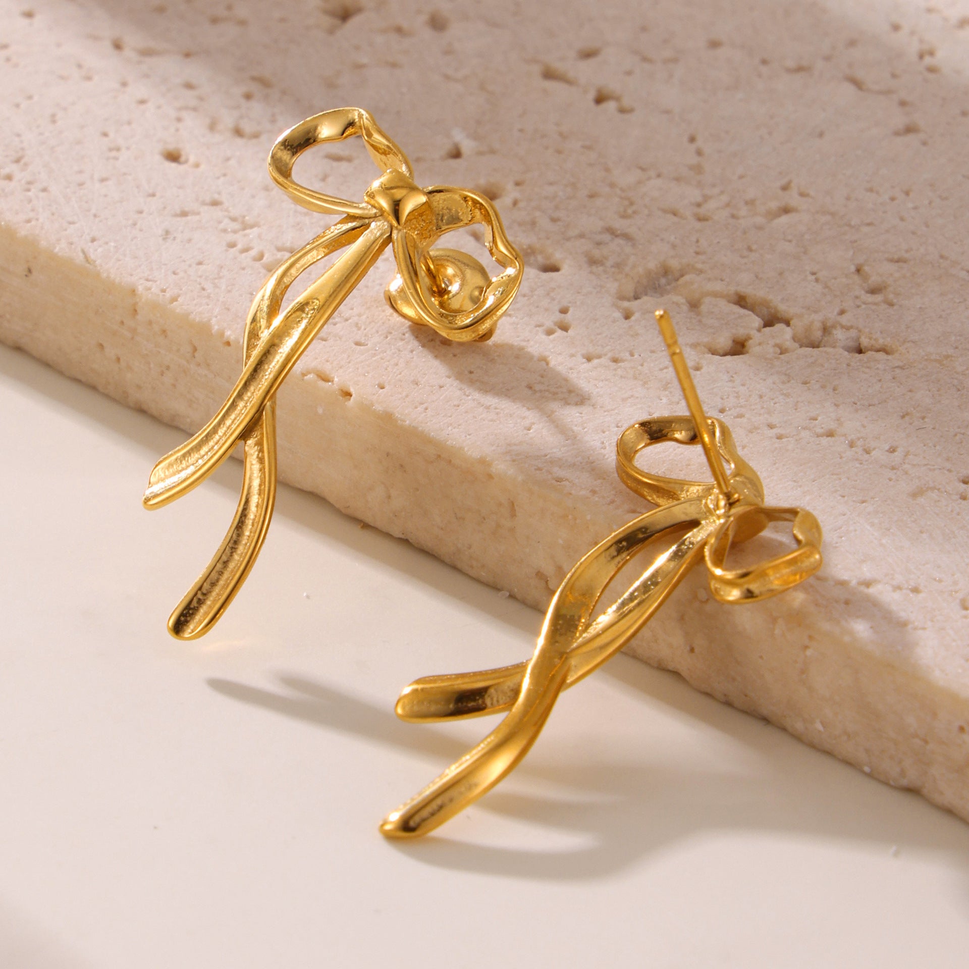 316L Stainless Steel 18K Gold PVD Ribbon Bow Tassel Earrings - Ribbon Bow Tassel Elegant Feminine Minimalist Wholesale Stainless Steel Jewelry - Sensitive Skin Friendly - Detail 1