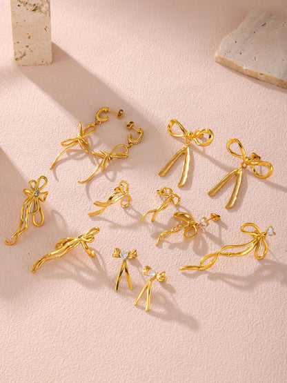 316L Stainless Steel 18K Gold PVD Ribbon Bow Tassel Earrings - Ribbon Bow Tassel Elegant Feminine Minimalist Wholesale Stainless Steel Jewelry - Sensitive Skin Friendly - Detail 10