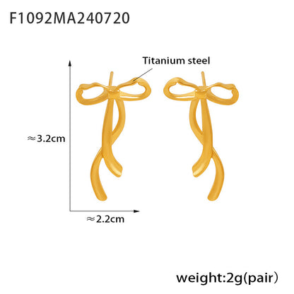 316L Stainless Steel 18K Gold PVD Ribbon Bow Tassel Earrings - Ribbon Bow Tassel Elegant Feminine Minimalist Wholesale Stainless Steel Jewelry - Sensitive Skin Friendly - Detail 14