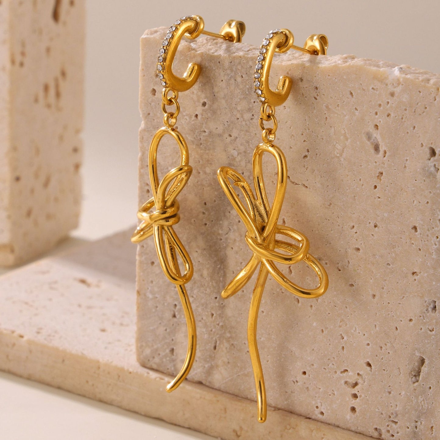 316L Stainless Steel 18K Gold PVD Ribbon Bow Tassel Earrings - Ribbon Bow Tassel Elegant Feminine Minimalist Wholesale Stainless Steel Jewelry - Sensitive Skin Friendly - Detail 15