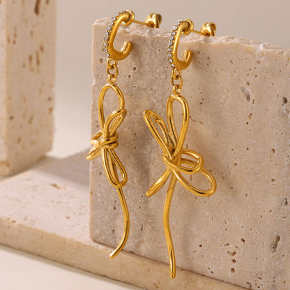 316L Stainless Steel 18K Gold PVD Ribbon Bow Tassel Earrings - Ribbon Bow Tassel Elegant Feminine Minimalist Wholesale Stainless Steel Jewelry - Sensitive Skin Friendly - Detail 15