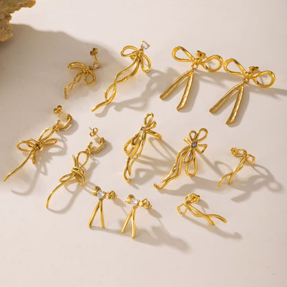 316L Stainless Steel 18K Gold PVD Ribbon Bow Tassel Earrings - Ribbon Bow Tassel Elegant Feminine Minimalist Wholesale Stainless Steel Jewelry - Sensitive Skin Friendly - Detail 16
