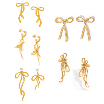 316L Stainless Steel 18K Gold PVD Ribbon Bow Tassel Earrings - Ribbon Bow Tassel Elegant Feminine Minimalist Wholesale Stainless Steel Jewelry - Sensitive Skin Friendly - Detail 17
