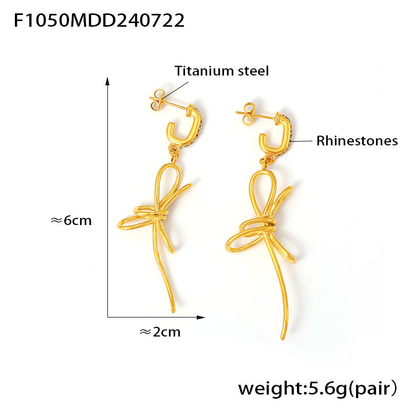 316L Stainless Steel 18K Gold PVD Ribbon Bow Tassel Earrings - Ribbon Bow Tassel Elegant Feminine Minimalist Wholesale Stainless Steel Jewelry - Sensitive Skin Friendly - Detail 18