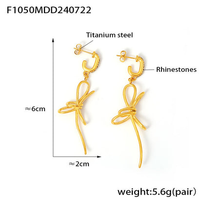 316L Stainless Steel 18K Gold PVD Ribbon Bow Tassel Earrings - Ribbon Bow Tassel Elegant Feminine Minimalist Wholesale Stainless Steel Jewelry - Sensitive Skin Friendly - Detail 18