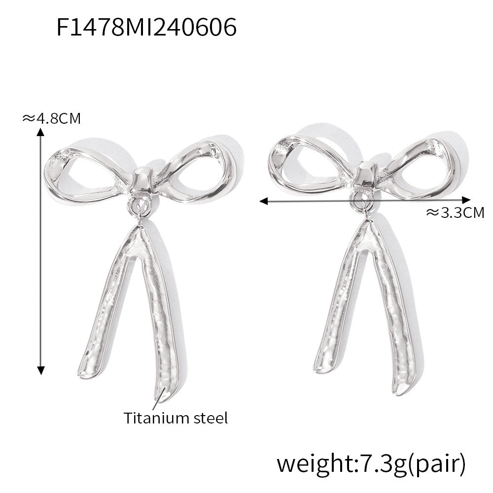 316L Stainless Steel 18K Gold PVD Ribbon Bow Tassel Earrings - Ribbon Bow Tassel Elegant Feminine Minimalist Wholesale Stainless Steel Jewelry - Sensitive Skin Friendly - Detail 2