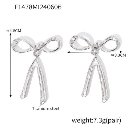 316L Stainless Steel 18K Gold PVD Ribbon Bow Tassel Earrings - Ribbon Bow Tassel Elegant Feminine Minimalist Wholesale Stainless Steel Jewelry - Sensitive Skin Friendly - Detail 2