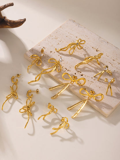 316L Stainless Steel 18K Gold PVD Ribbon Bow Tassel Earrings - Ribbon Bow Tassel Elegant Feminine Minimalist Wholesale Stainless Steel Jewelry - Sensitive Skin Friendly - Detail 3