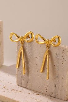 316L Stainless Steel 18K Gold PVD Ribbon Bow Tassel Earrings - Ribbon Bow Tassel Elegant Feminine Minimalist Wholesale Stainless Steel Jewelry - Sensitive Skin Friendly - Detail 5