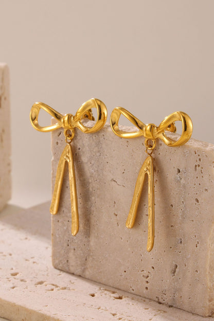 316L Stainless Steel 18K Gold PVD Ribbon Bow Tassel Earrings - Ribbon Bow Tassel Elegant Feminine Minimalist Wholesale Stainless Steel Jewelry - Sensitive Skin Friendly - Detail 5