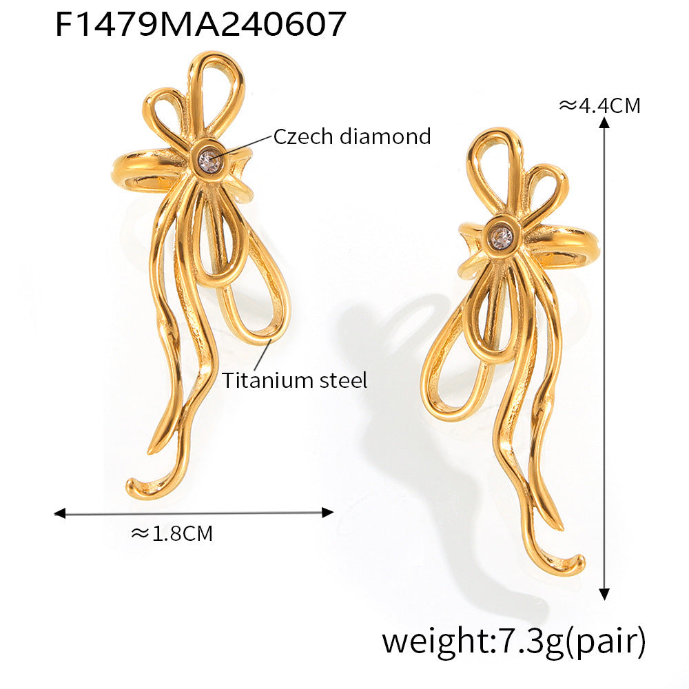 316L Stainless Steel 18K Gold PVD Ribbon Bow Tassel Earrings - Ribbon Bow Tassel Elegant Feminine Minimalist Wholesale Stainless Steel Jewelry - Sensitive Skin Friendly - Detail 6