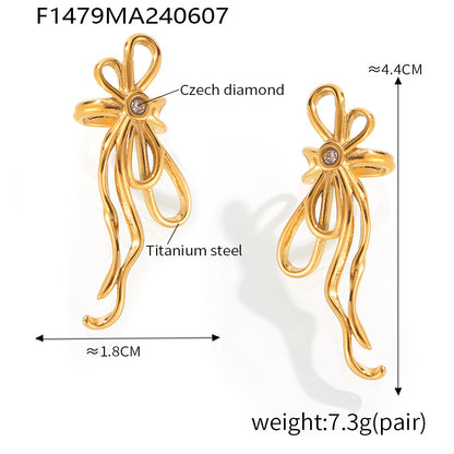 316L Stainless Steel 18K Gold PVD Ribbon Bow Tassel Earrings - Ribbon Bow Tassel Elegant Feminine Minimalist Wholesale Stainless Steel Jewelry - Sensitive Skin Friendly - Detail 6