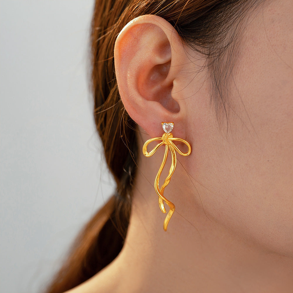 316L Stainless Steel 18K Gold PVD Ribbon Bow Tassel Earrings - Ribbon Bow Tassel Elegant Feminine Minimalist Wholesale Stainless Steel Jewelry - Sensitive Skin Friendly - Detail 7