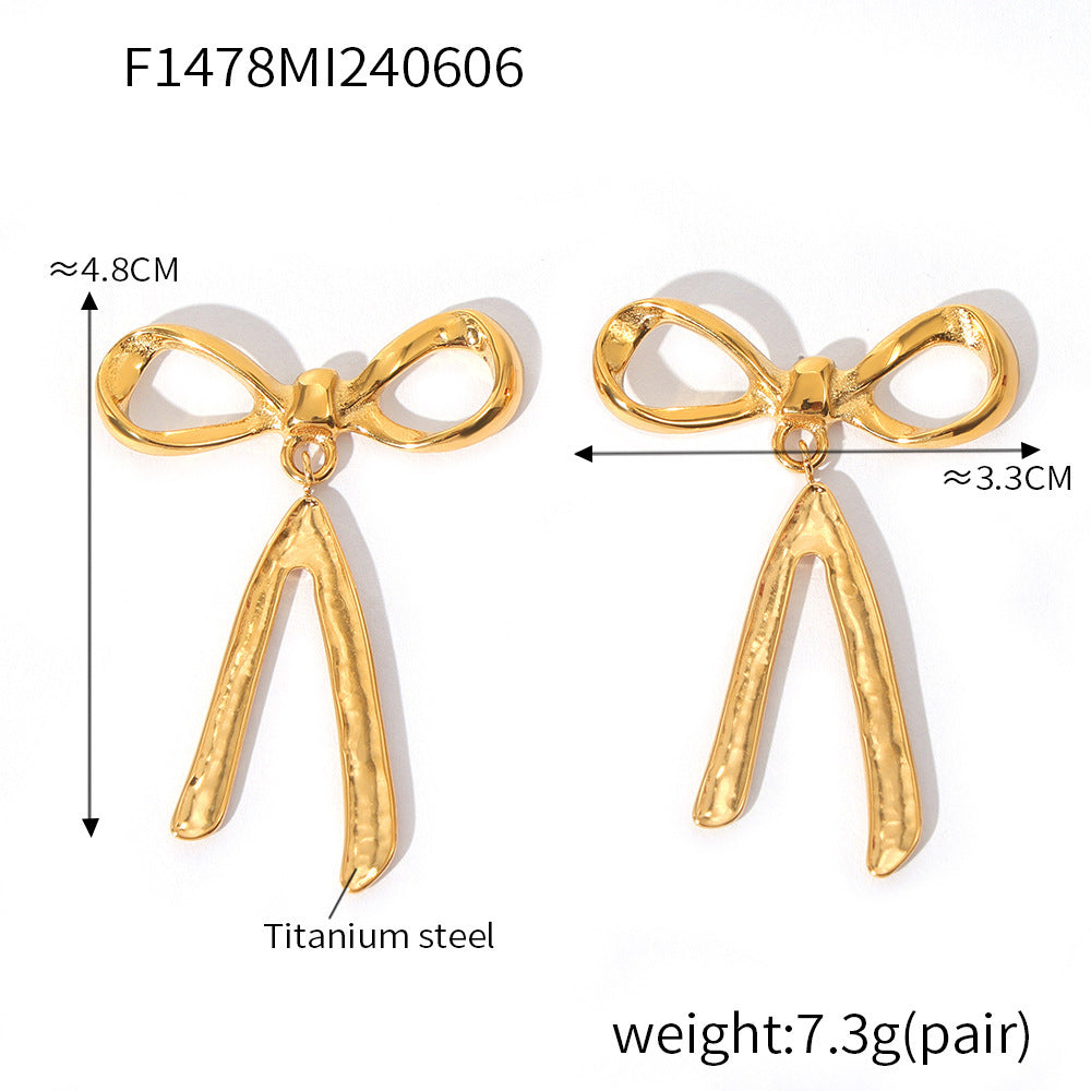316L Stainless Steel 18K Gold PVD Ribbon Bow Tassel Earrings - Ribbon Bow Tassel Elegant Feminine Minimalist Wholesale Stainless Steel Jewelry - Sensitive Skin Friendly - Detail 8