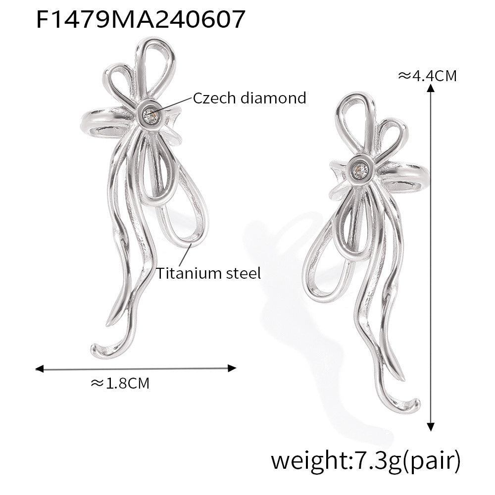 316L Stainless Steel 18K Gold PVD Ribbon Bow Tassel Earrings - Ribbon Bow Tassel Elegant Feminine Minimalist Wholesale Stainless Steel Jewelry - Sensitive Skin Friendly - Detail 9