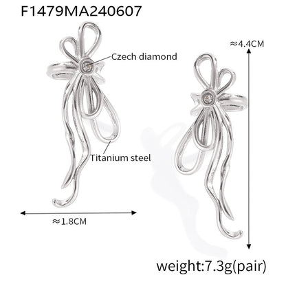 316L Stainless Steel 18K Gold PVD Ribbon Bow Tassel Earrings - Ribbon Bow Tassel Elegant Feminine Minimalist Wholesale Stainless Steel Jewelry - Sensitive Skin Friendly - Detail 9