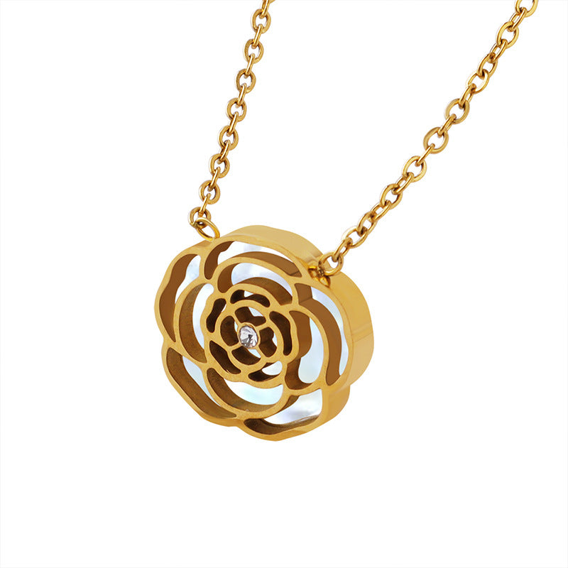 316L Stainless Steel 18K Gold PVD Rose Flower Zircon Mother-of-Pearl Inlaid Necklace - Rose Flower, Zircon, Mother-of-Pearl, Inlaid, Delicate, Elegant Wholesale Stainless Steel Jewelry - Sensitive Skin Friendly - Detail 2