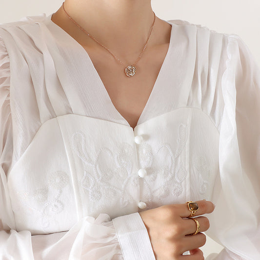 316L Stainless Steel 18K Gold PVD Rose Flower Zircon Mother-of-Pearl Inlaid Necklace - Rose Flower, Zircon, Mother-of-Pearl, Inlaid, Delicate, Elegant Wholesale Stainless Steel Jewelry - Sensitive Skin Friendly - Detail 3