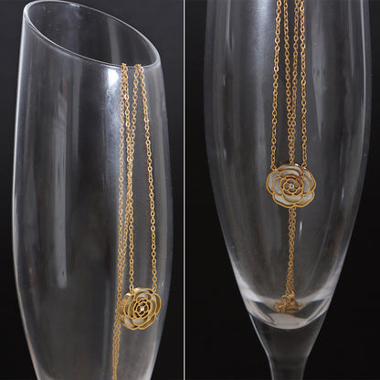 316L Stainless Steel 18K Gold PVD Rose Flower Zircon Mother-of-Pearl Inlaid Necklace - Rose Flower, Zircon, Mother-of-Pearl, Inlaid, Delicate, Elegant Wholesale Stainless Steel Jewelry - Sensitive Skin Friendly - Detail 4