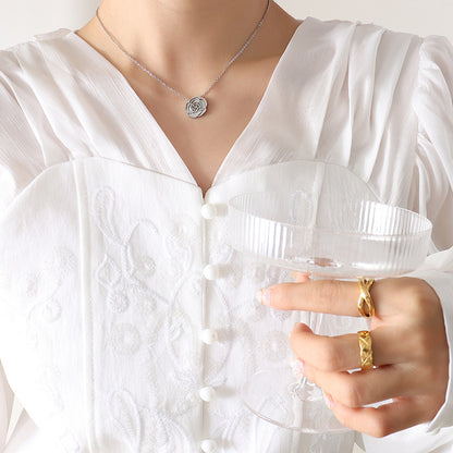 316L Stainless Steel 18K Gold PVD Rose Flower Zircon Mother-of-Pearl Inlaid Necklace - Rose Flower, Zircon, Mother-of-Pearl, Inlaid, Delicate, Elegant Wholesale Stainless Steel Jewelry - Sensitive Skin Friendly - Detail 6