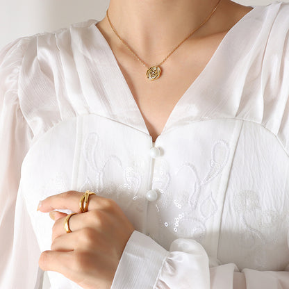 316L Stainless Steel 18K Gold PVD Rose Flower Zircon Mother-of-Pearl Inlaid Necklace - Rose Flower, Zircon, Mother-of-Pearl, Inlaid, Delicate, Elegant Wholesale Stainless Steel Jewelry - Sensitive Skin Friendly - Detail 7