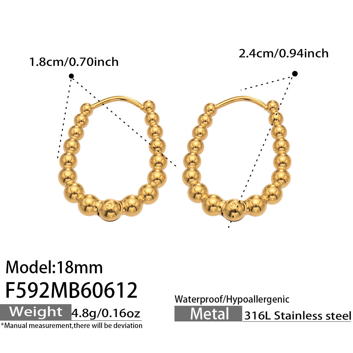 316L Stainless Steel 18K Gold PVD Round Bead Earrings - Round Bead Elegant Style Wholesale Stainless Steel Jewelry - Sensitive Skin Friendly - Detail 10