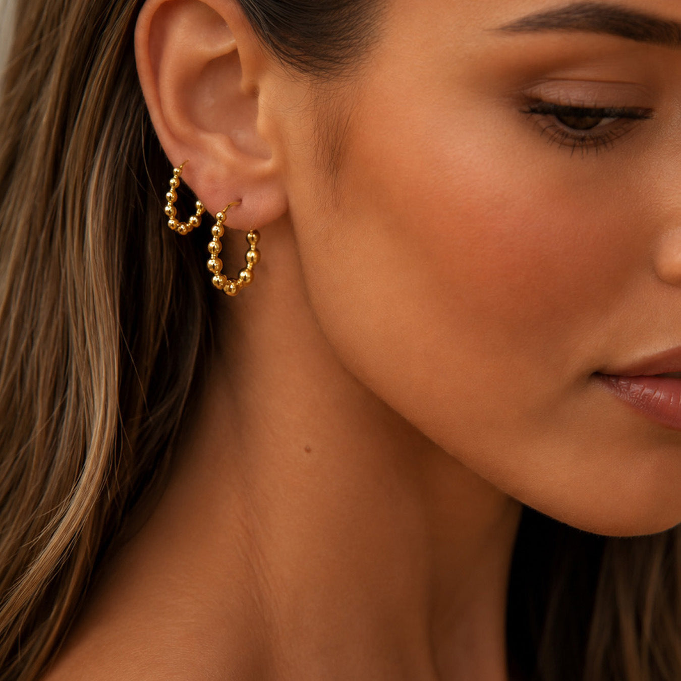 316L Stainless Steel 18K Gold PVD Round Bead Earrings - Round Bead Elegant Style Wholesale Stainless Steel Jewelry - Sensitive Skin Friendly - Detail 12