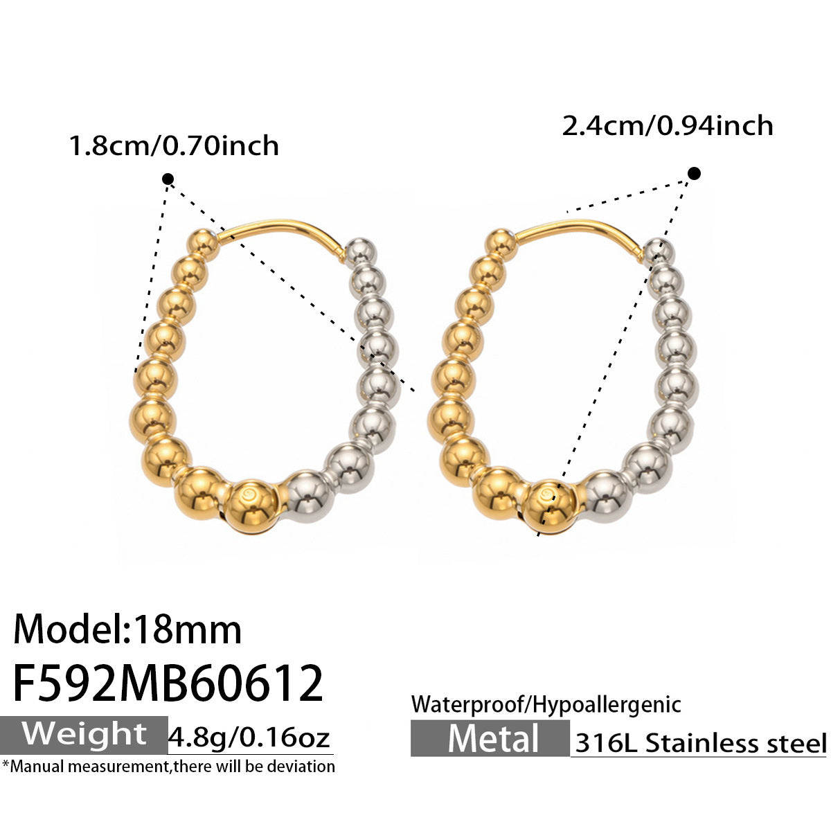 316L Stainless Steel 18K Gold PVD Round Bead Earrings - Round Bead Elegant Style Wholesale Stainless Steel Jewelry - Sensitive Skin Friendly - Detail 6
