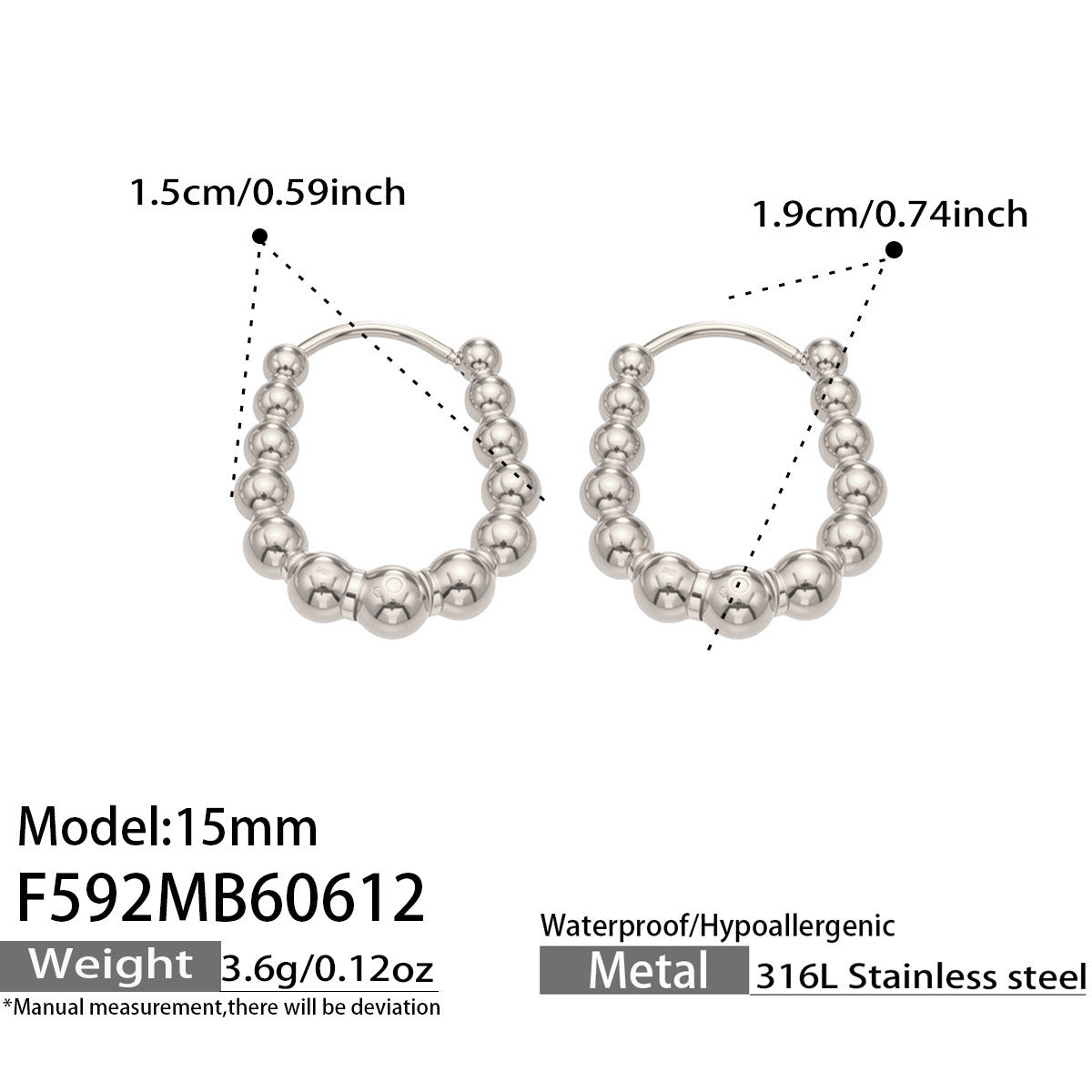316L Stainless Steel 18K Gold PVD Round Bead Earrings - Round Bead Elegant Style Wholesale Stainless Steel Jewelry - Sensitive Skin Friendly - Detail 7
