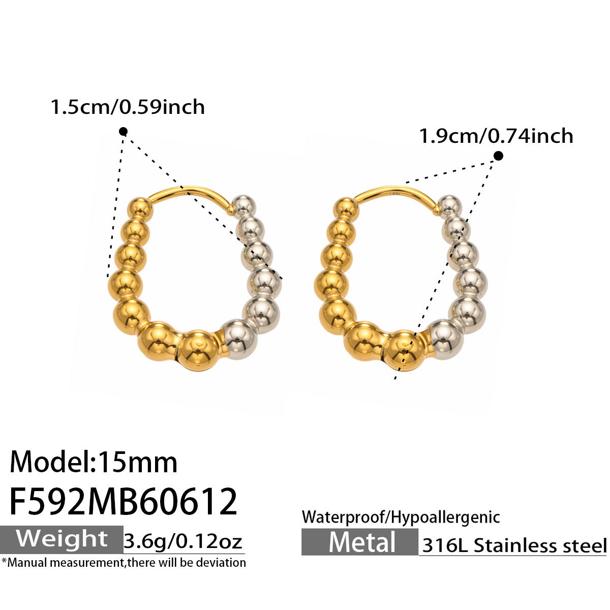 316L Stainless Steel 18K Gold PVD Round Bead Earrings - Round Bead Elegant Style Wholesale Stainless Steel Jewelry - Sensitive Skin Friendly - Detail 8