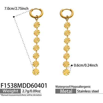 316L Stainless Steel 18K Gold PVD Round Disc Tassel Dangle Hoop Earrings - Round Disc Tassel Dangle Hoop 18K Gold PVD Trendy Wholesale Stainless Steel Jewelry - Sensitive Skin Friendly - Detail 2