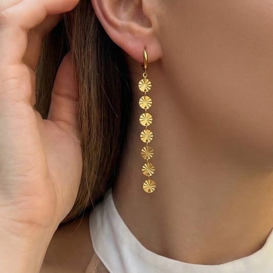 316L Stainless Steel 18K Gold PVD Round Disc Tassel Dangle Hoop Earrings - Round Disc Tassel Dangle Hoop 18K Gold PVD Trendy Wholesale Stainless Steel Jewelry - Sensitive Skin Friendly - Detail 3