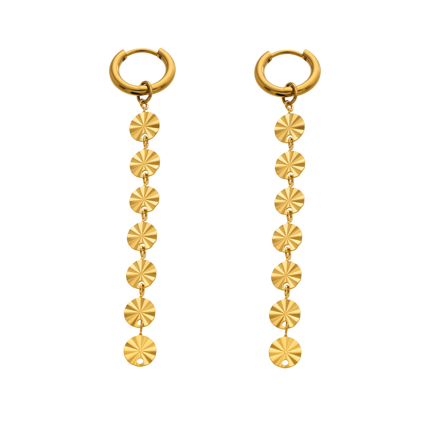 316L Stainless Steel 18K Gold PVD Round Disc Tassel Dangle Hoop Earrings - Round Disc Tassel Dangle Hoop 18K Gold PVD Trendy Wholesale Stainless Steel Jewelry - Sensitive Skin Friendly - Detail 4