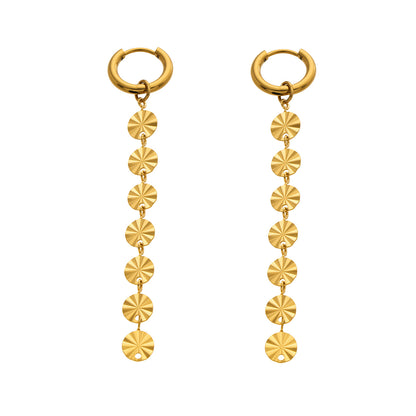 316L Stainless Steel 18K Gold PVD Round Disc Tassel Dangle Hoop Earrings - Round Disc Tassel Dangle Hoop 18K Gold PVD Trendy Wholesale Stainless Steel Jewelry - Sensitive Skin Friendly - Detail 4