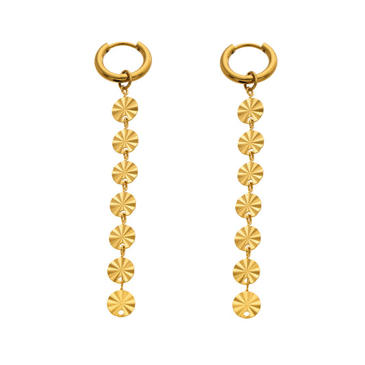 316L Stainless Steel 18K Gold PVD Round Disc Tassel Dangle Hoop Earrings - Round Disc Tassel Dangle Hoop 18K Gold PVD Trendy Wholesale Stainless Steel Jewelry - Sensitive Skin Friendly - Detail 4