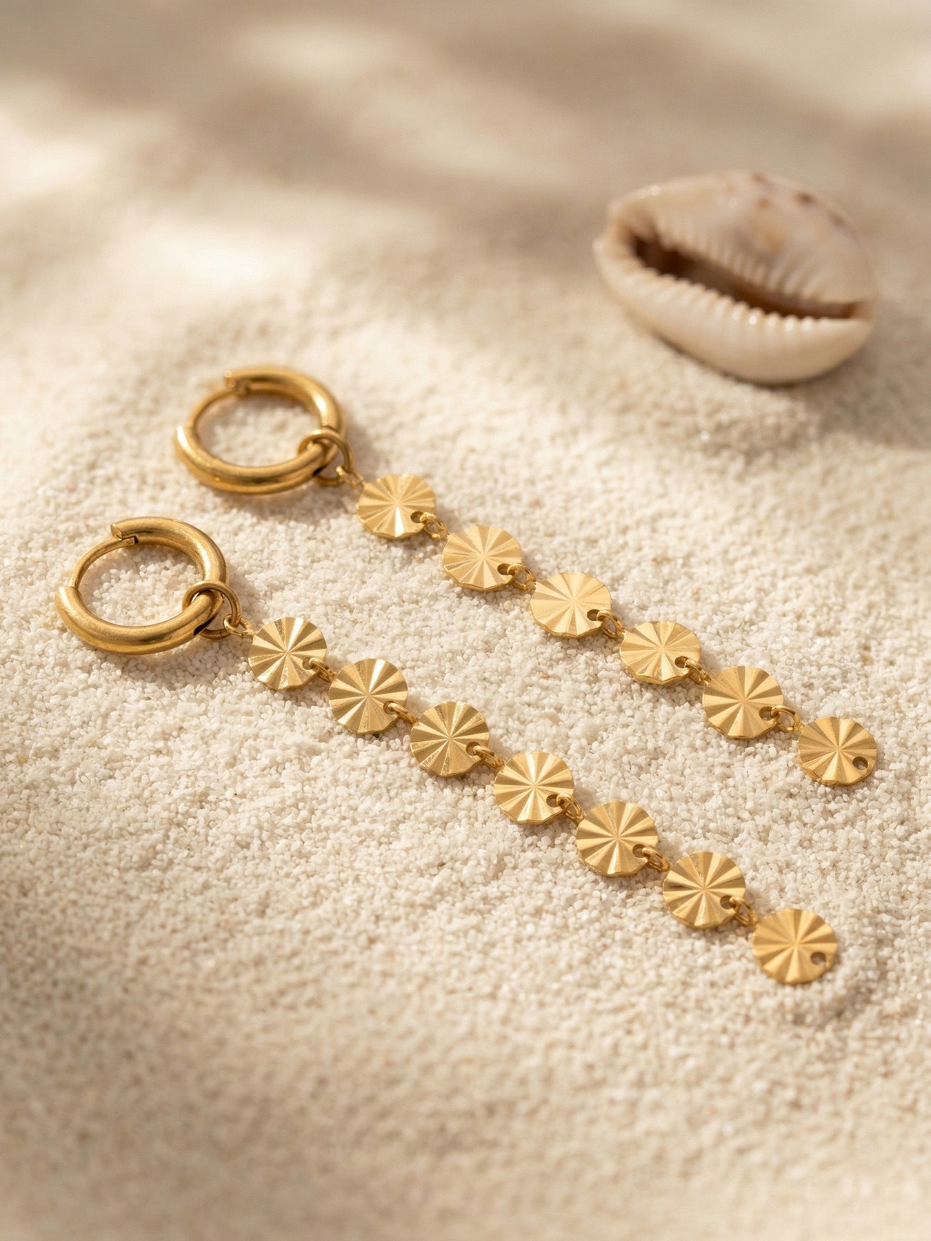 316L Stainless Steel 18K Gold PVD Round Disc Tassel Dangle Hoop Earrings - Round Disc Tassel Dangle Hoop 18K Gold PVD Trendy Wholesale Stainless Steel Jewelry - Sensitive Skin Friendly - Detail 5